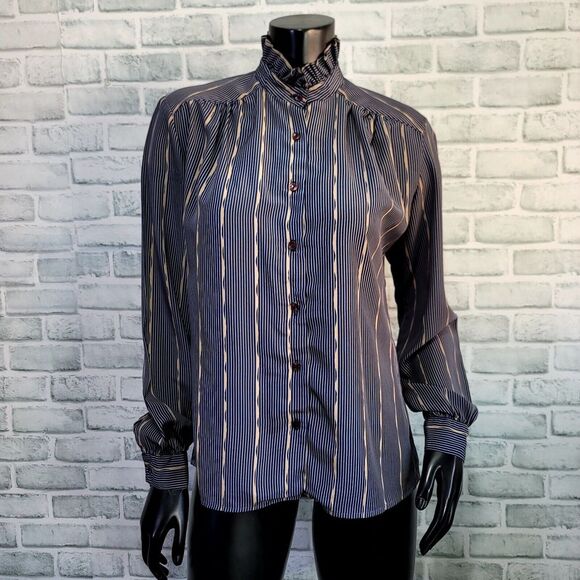 Vintage 70s Nordstrom Town Square S‎ Tan Blue Vertical Striped Blouse Ruffle - Picture 1 of 8